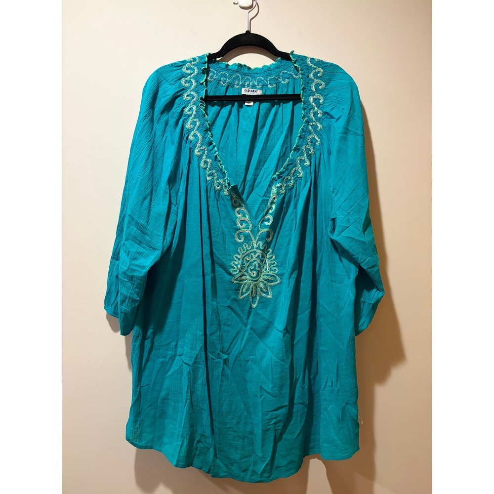 Old Navy Plus Size 3x Teal 100% Cotton Embroidered Top Tunic Boho Peasant Folk